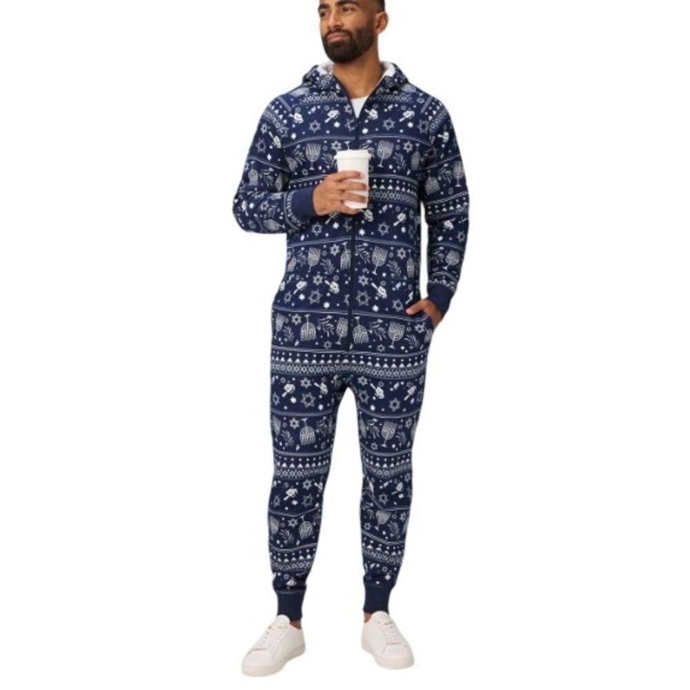 Fabletics Mens Fleece Hooded One-Piece Pajamas Navy Hanukkah Print 4X Union Suit